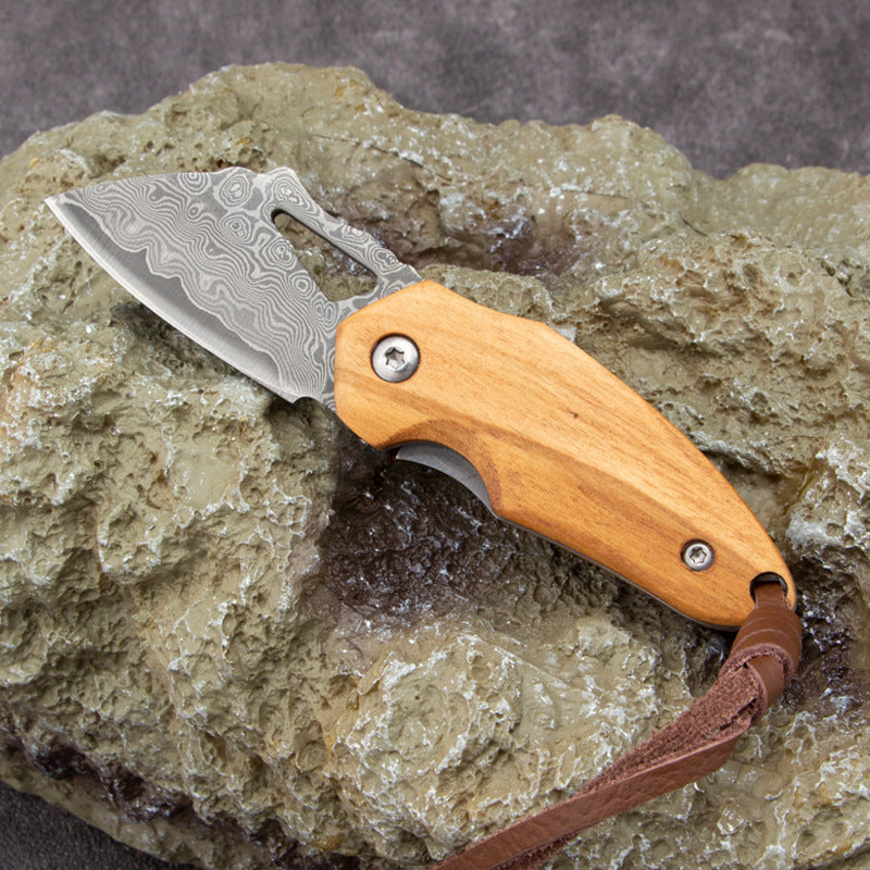 Damascus Mini Pocket Knife with Olive Wood Handle & Leather Lanyard