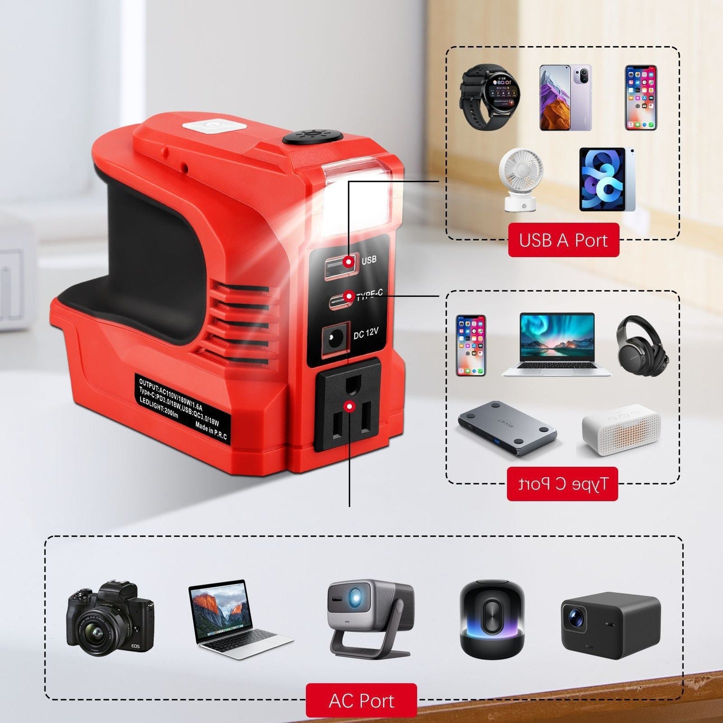 🏕️ OUTDOOR POWER DEAL⚡TYIIPLUS™ Portable Battery Power Inverter – AC Outlet, USB & LED Light Power Adapter
