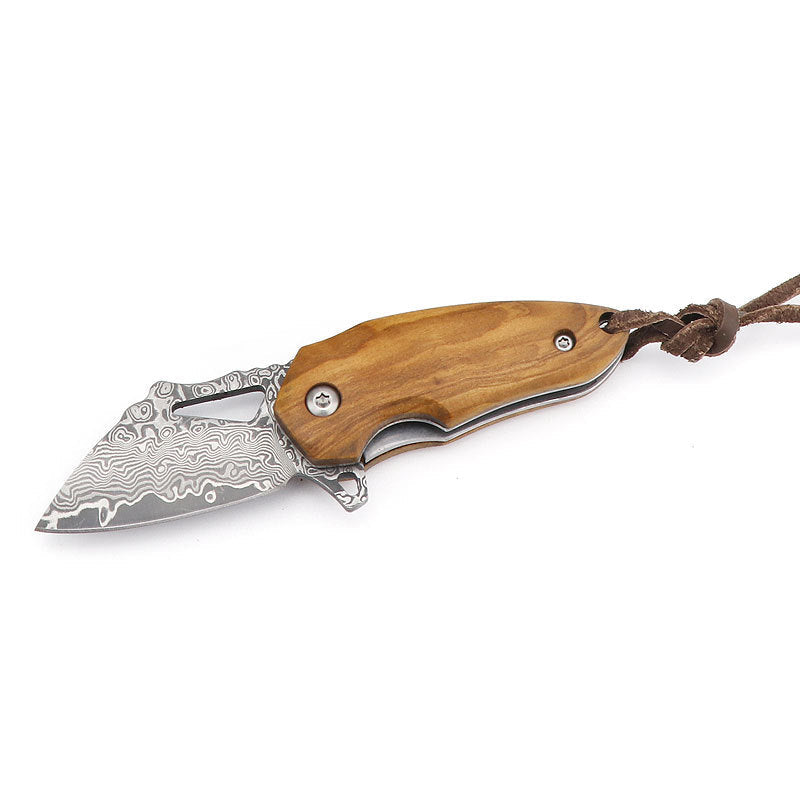 Damascus Mini Pocket Knife with Olive Wood Handle & Leather Lanyard