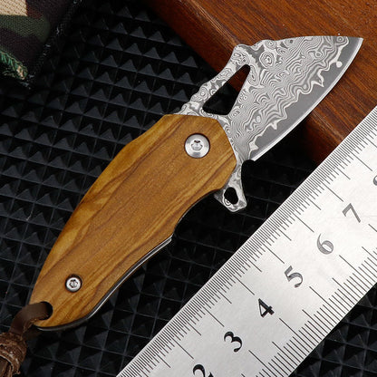 Damascus Mini Pocket Knife with Olive Wood Handle & Leather Lanyard