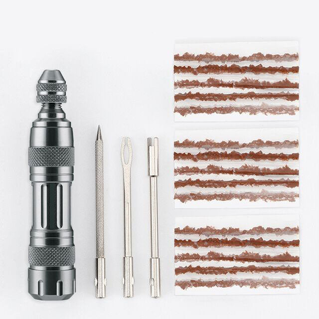Tubeless tire repair kit in an aluminum case