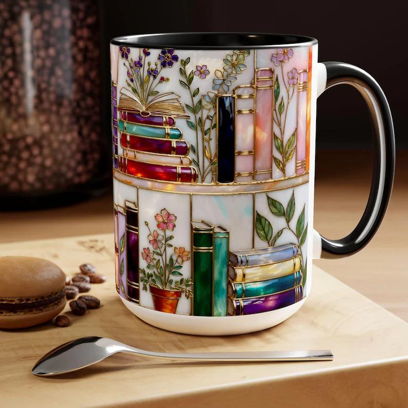 ☕📚Stained-Glass Ceramic Mug- Book Lover Gift, Floral Bookshelf Mug, Coffee & Tea Cup🌈