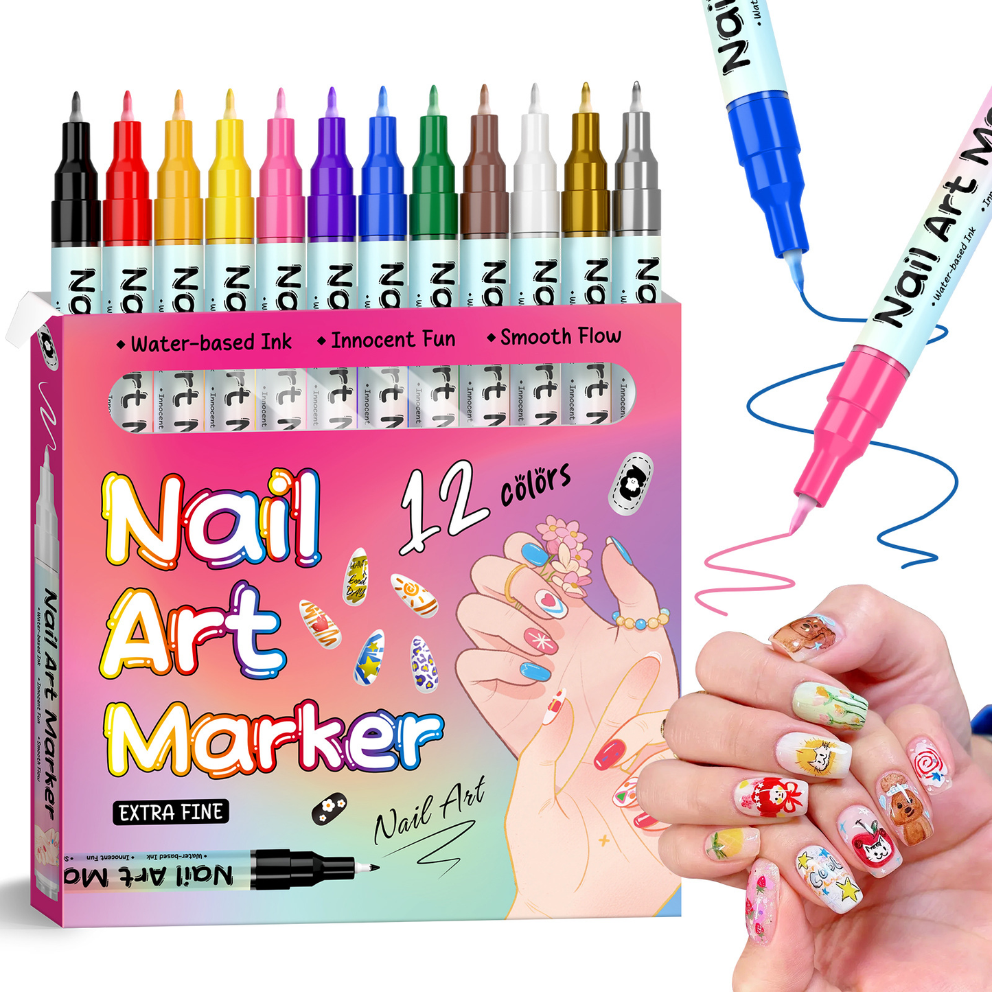 Nail Art Marker Set (12/24 Colors) – Waterproof DIY Nail Pens with Precision Tips for Easy Nail Design