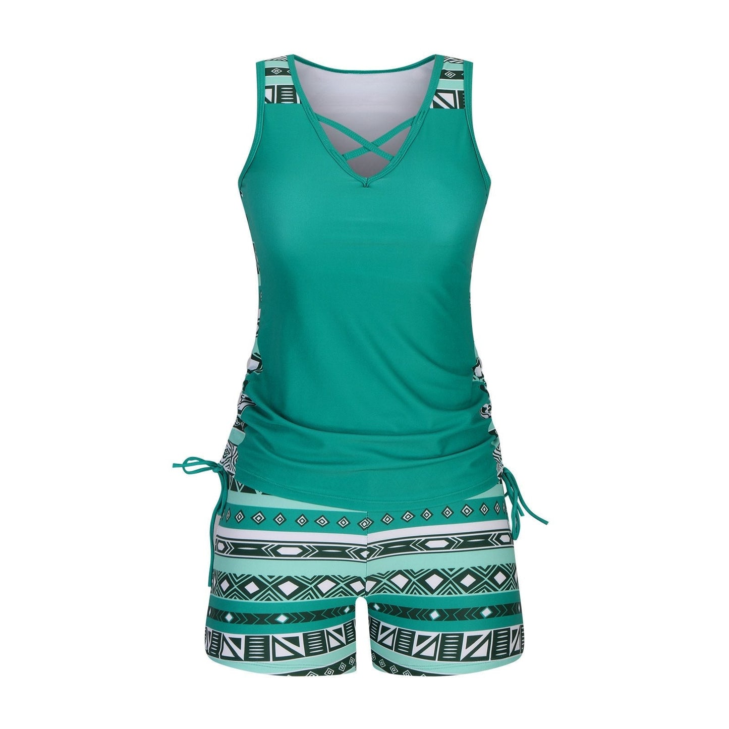 Women's Tummy Control Tankini Set with Built-In Bra – Flattering Boho Swimwear with Shorts