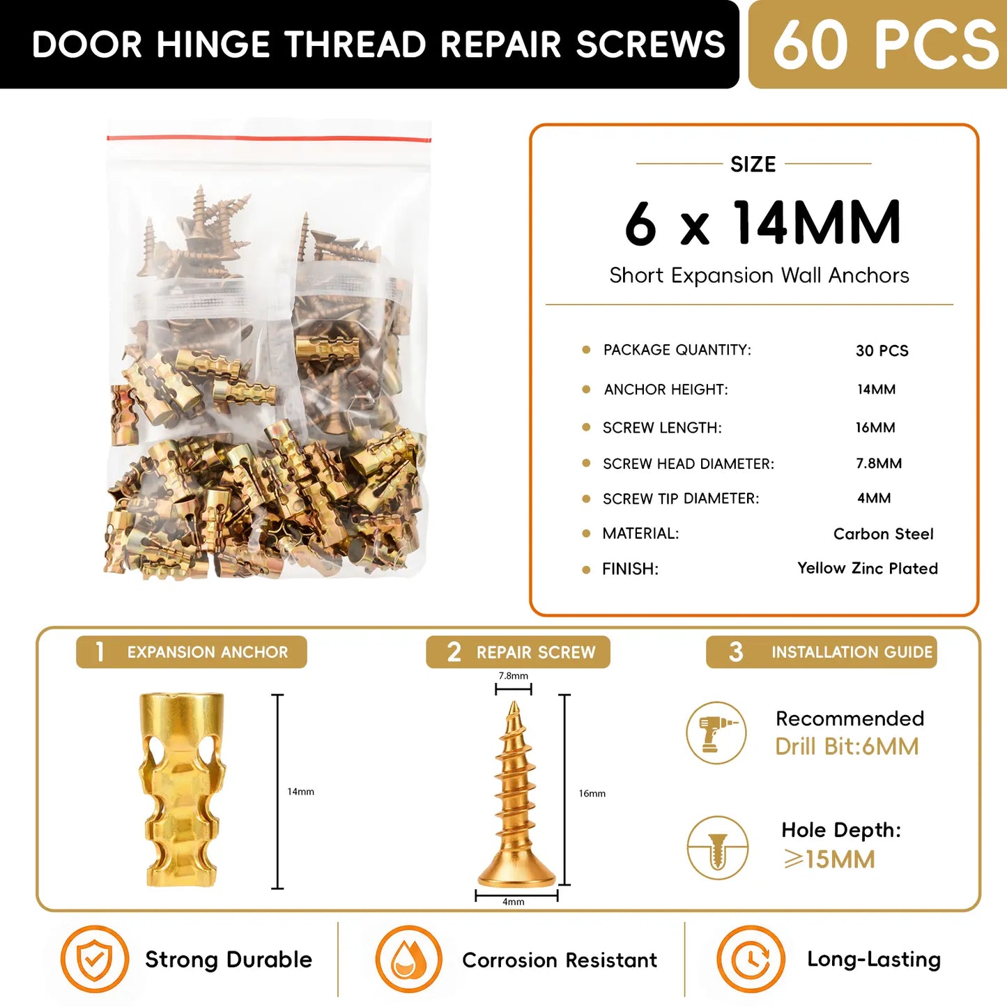 🔩 6×14mm Door Hinge Thread Repair Screws