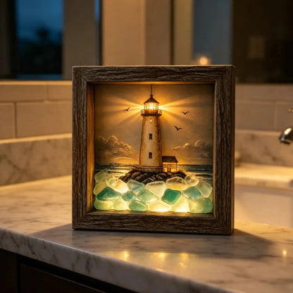 💝Coastal Lighthouse Sea Glass Shadow Box Night Light