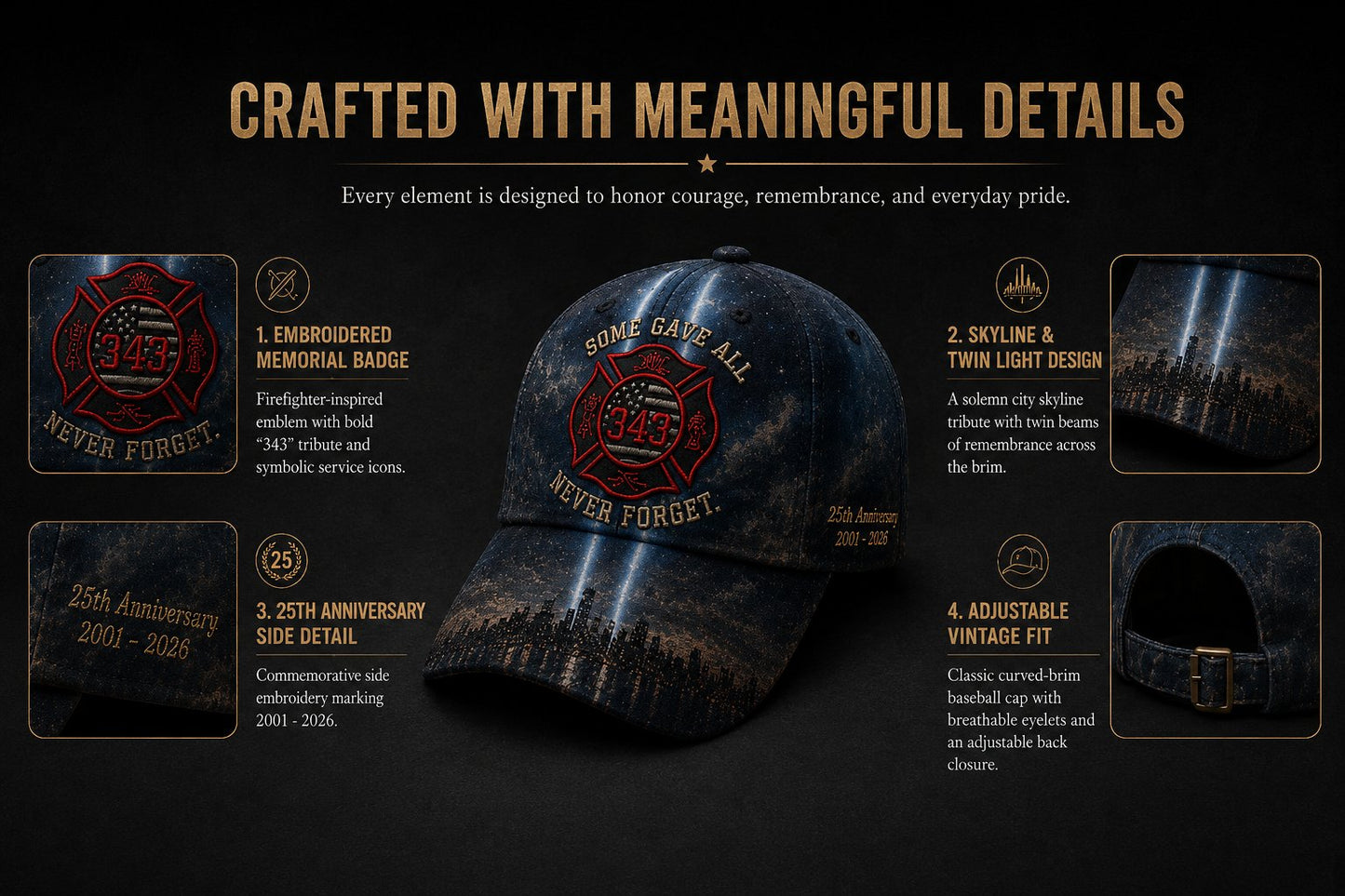 Never Forget 343 Memorial Cap – Embroidered Tribute Design🧢(Breathable & Lightweight Comfort & Unisex Fit)