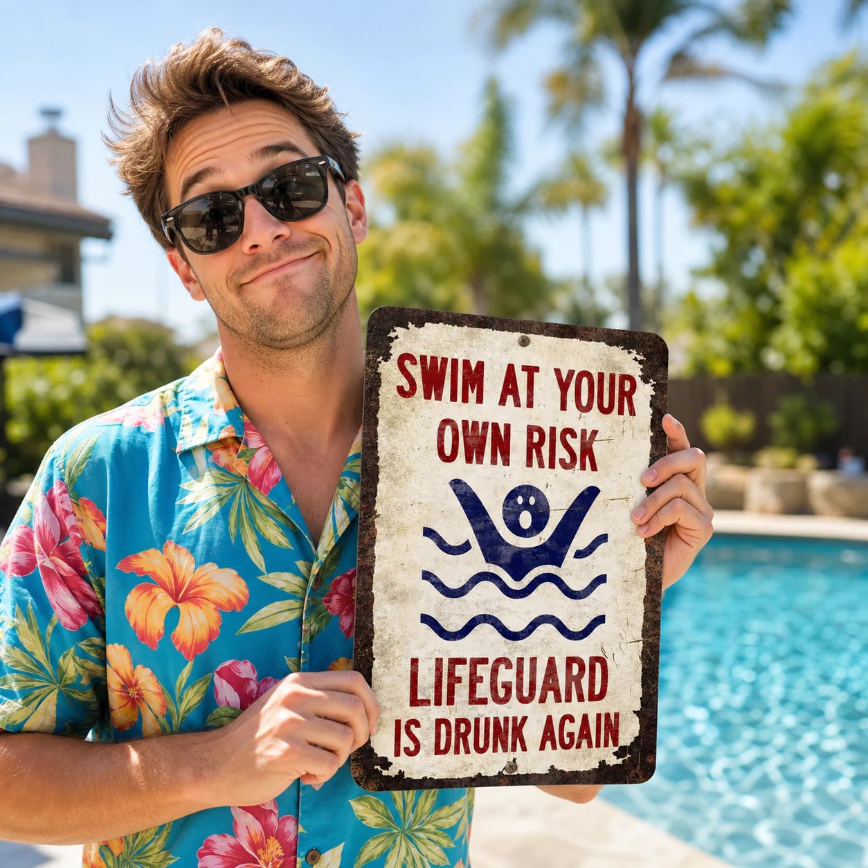 Vintage "Lifeguard Is Drunk Again" Pool Sign – Funny Metal Pool Wall Decor 😂🍻