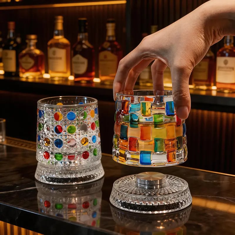🌈Hand-Painted Embossed Rotating Whiskey Glass (✨Including a Rotating Base)