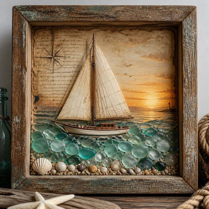 💝Coastal Lighthouse Sea Glass Shadow Box Night Light