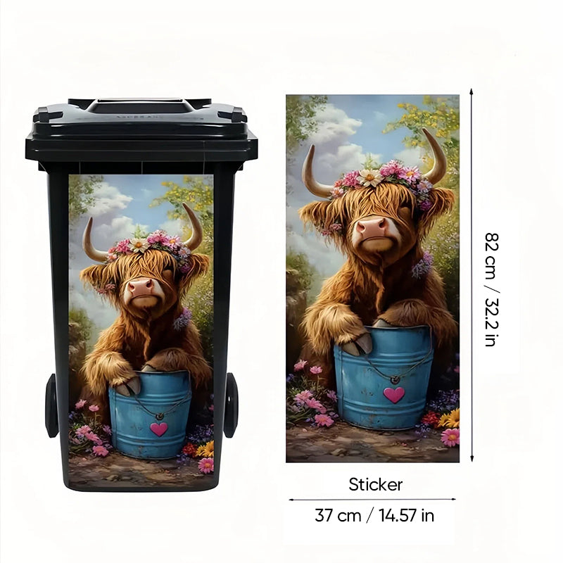 🐮 Highland Cow Floral Print Trash Can Sticker