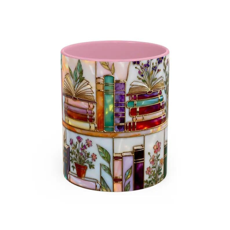 ☕📚Stained-Glass Ceramic Mug- Book Lover Gift, Floral Bookshelf Mug, Coffee & Tea Cup🌈
