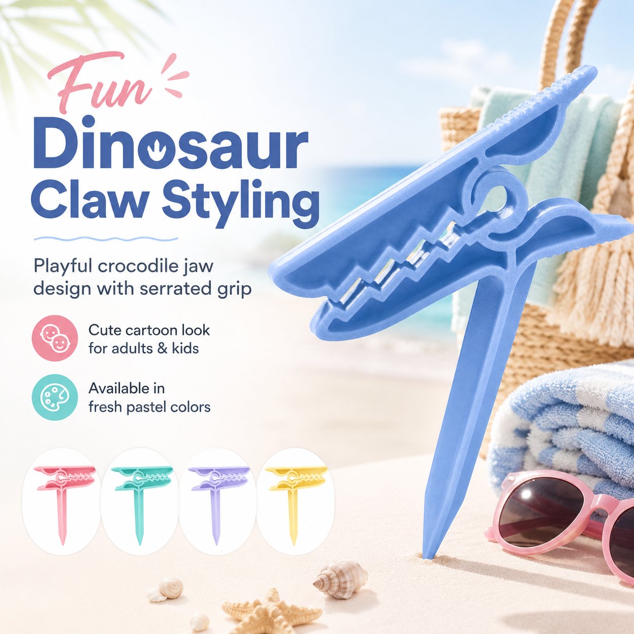 🦖 Dinosaur Shape Beach Towel Clips | Windproof Sand Secure Holder (4 Pcs)