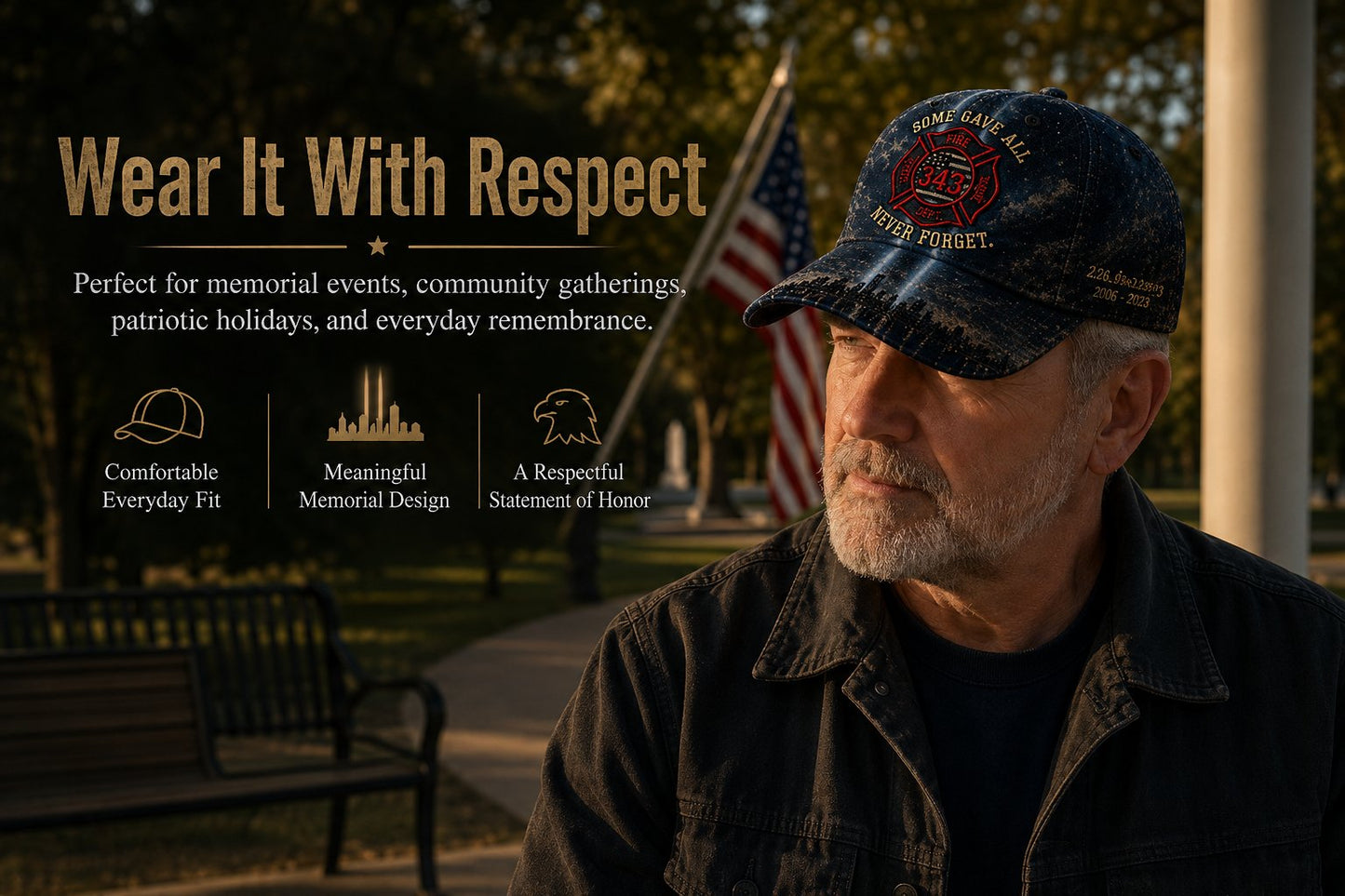 Never Forget 343 Memorial Cap – Embroidered Tribute Design🧢(Breathable & Lightweight Comfort & Unisex Fit)