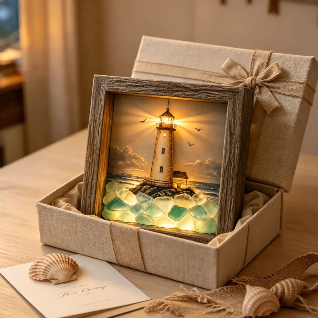 💝Coastal Lighthouse Sea Glass Shadow Box Night Light