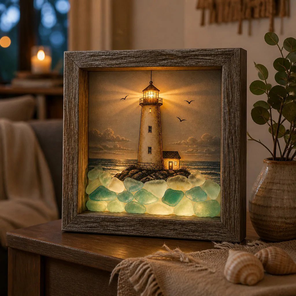 💝Coastal Lighthouse Sea Glass Shadow Box Night Light