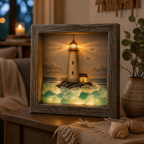 💝Coastal Lighthouse Sea Glass Shadow Box Night Light