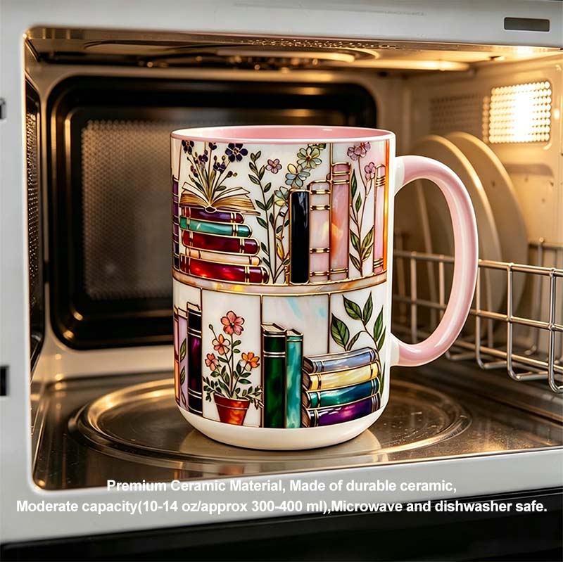 ☕📚Stained-Glass Ceramic Mug- Book Lover Gift, Floral Bookshelf Mug, Coffee & Tea Cup🌈