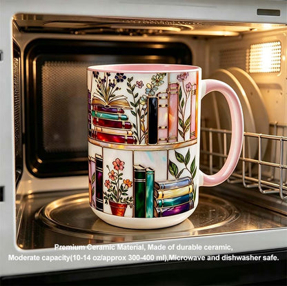 ☕📚Stained-Glass Ceramic Mug- Book Lover Gift, Floral Bookshelf Mug, Coffee & Tea Cup🌈