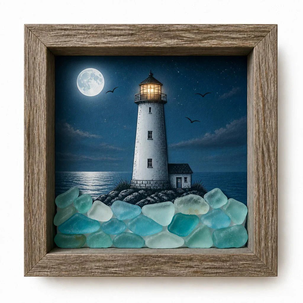 💝Coastal Lighthouse Sea Glass Shadow Box Night Light