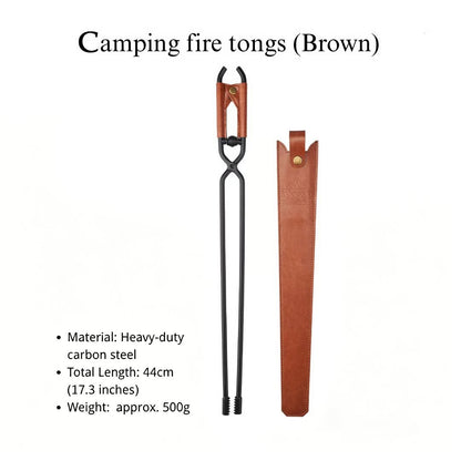 ⛺️ Camping Fire Tongs | Heavy-Duty Carbon Steel | Leather Sheath | Serrated Grip | Brown/Black Options