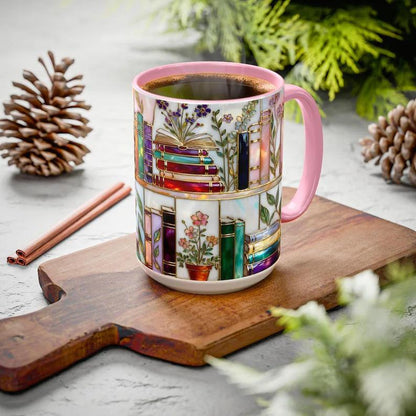 ☕📚Stained-Glass Ceramic Mug- Book Lover Gift, Floral Bookshelf Mug, Coffee & Tea Cup🌈