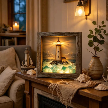 💝Coastal Lighthouse Sea Glass Shadow Box Night Light