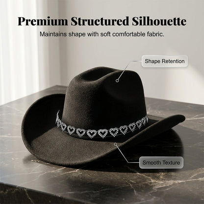 Women's Rhinestone Heart Cowboy Hat Elegant French Jazz Fedora