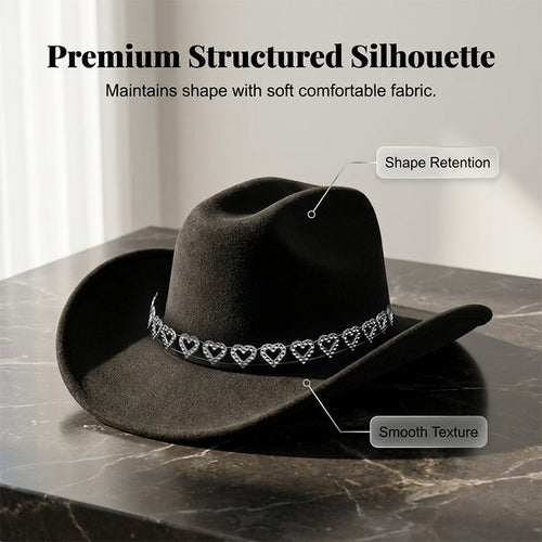 Women's Rhinestone Heart Cowboy Hat Elegant French Jazz Fedora