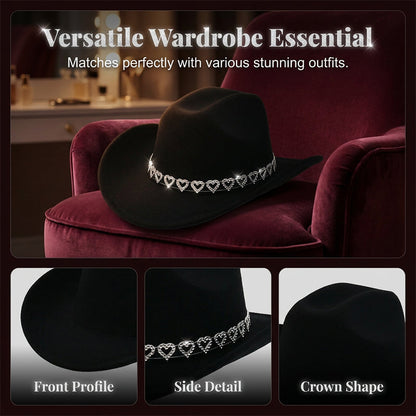 Women's Rhinestone Heart Cowboy Hat Elegant French Jazz Fedora